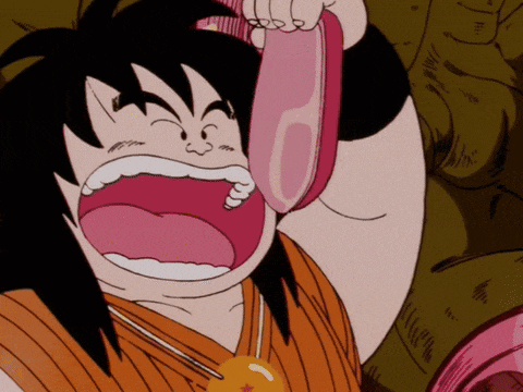 a cartoon character is holding a pink object with his mouth wide open