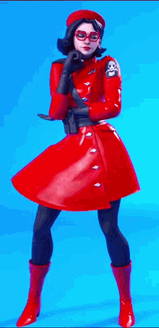 a woman in a red dress and hat is standing on a blue background .