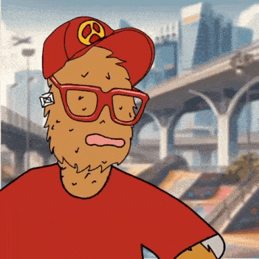 a cartoon character wearing glasses and a red hat with the letter b on it