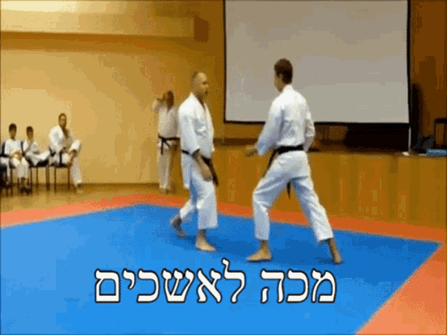 two karate fighters are fighting on a blue mat with hebrew writing