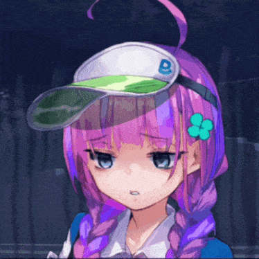 a girl with purple hair is wearing a hat with a letter b on it