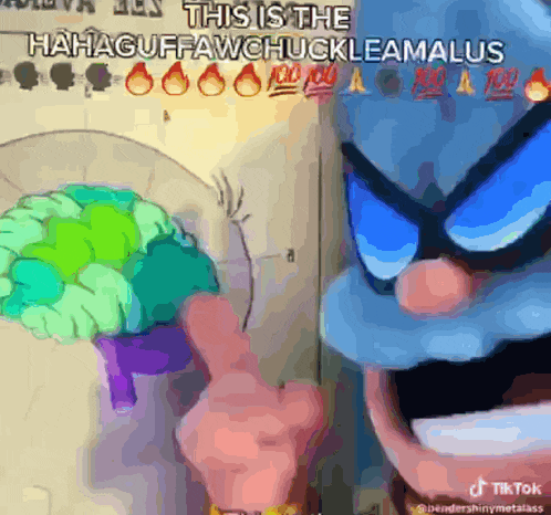 a cartoon character is pointing at a brain that says this is the hahaguffawchuckleamalus