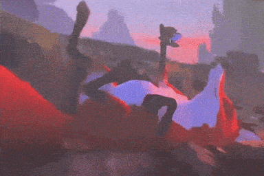 a painting of a fox laying on the ground with mountains in the background