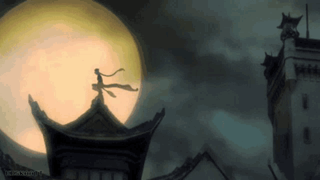 a silhouette of a person standing on top of a roof with a full moon in the background and the word beck on it
