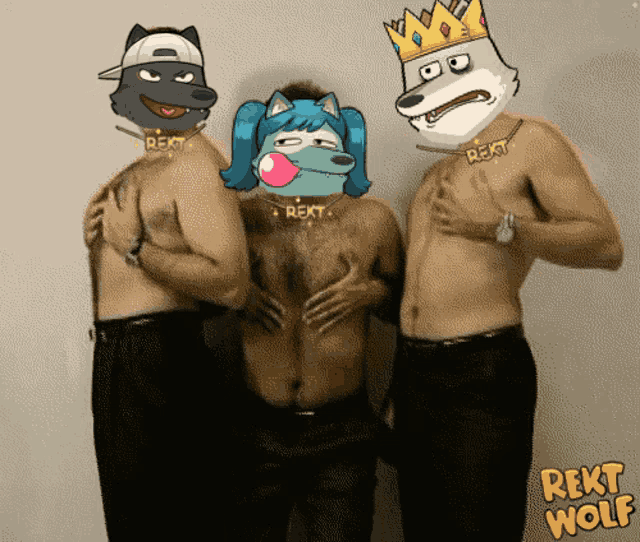 three men are posing for a picture with rekt wolf on the bottom
