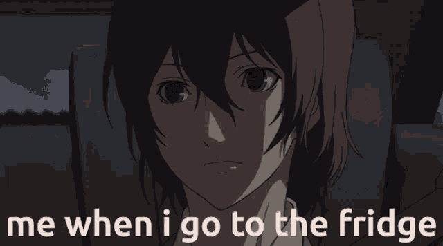 a picture of a girl with the words " me when i go to the fridge "