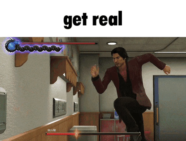 a man in a red jacket is jumping in the air in a video game with the words get real below him