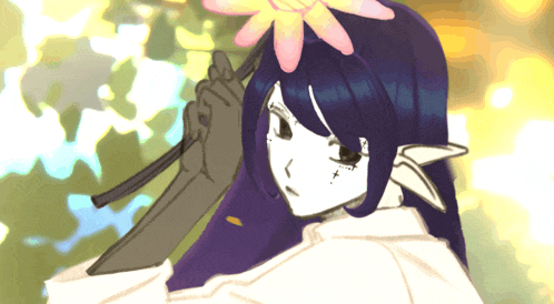 a drawing of a girl with purple hair holding a flower in her hand