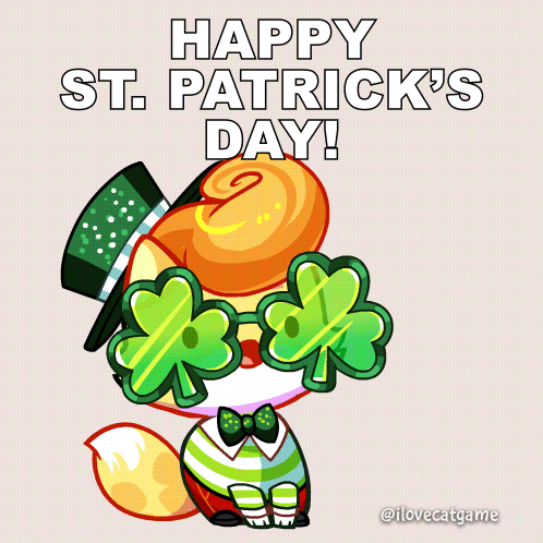 a happy st. patrick 's day greeting with a fox wearing shamrock glasses