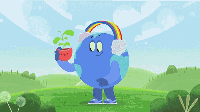 a cartoon illustration of the earth holding a plant
