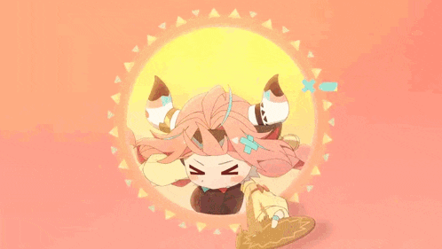 a cartoon character with pink hair and purple eyes is holding a cookie in her hand .
