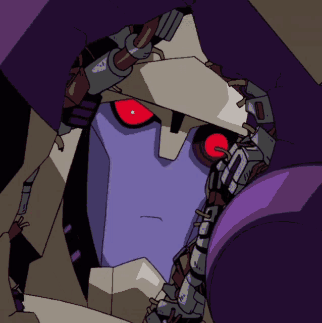 a cartoon drawing of a purple robot with red eyes and a chain around his neck