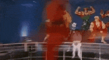 a man in a white karate uniform is standing in front of a wall with a painting of chun li on it .