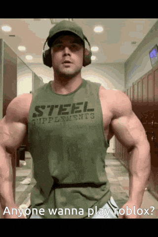 a muscular man wearing headphones and a steel supplements shirt