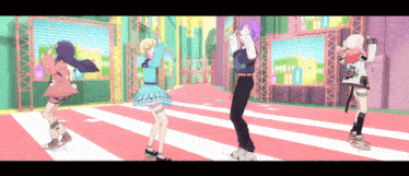 a group of anime characters are dancing together on a pink and white striped floor