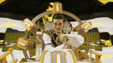 a man sitting in a futuristic chair with a crown on his head