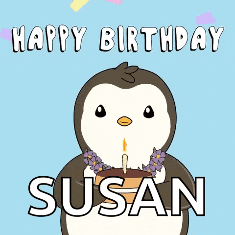a birthday card for susan with a penguin blowing out a candle on a cake