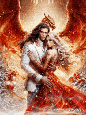 a man in a white suit and a woman in a red dress are hugging with a dragon behind them