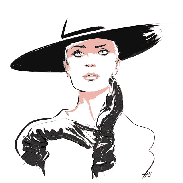 a drawing of a woman wearing a hat and gloves with the letters hb on the bottom right