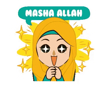 a cartoon illustration of a woman wearing a yellow hijab and a speech bubble that says masha allah