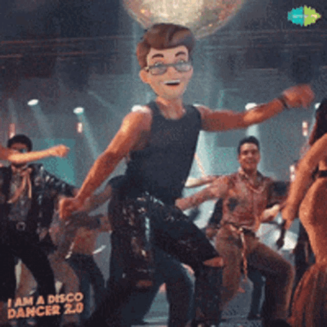 a group of people are dancing in front of a disco ball and the words i am a disco dancer 2.0