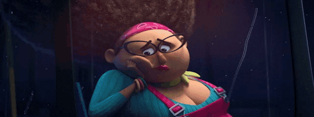 a cartoon character with glasses and a pink headband