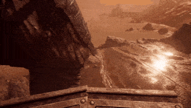 a video game shows a landscape with a river and rocks
