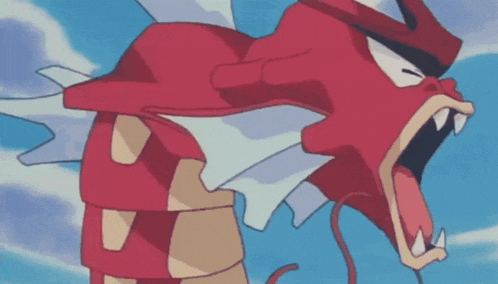 a cartoon of a red dragon with its mouth open .