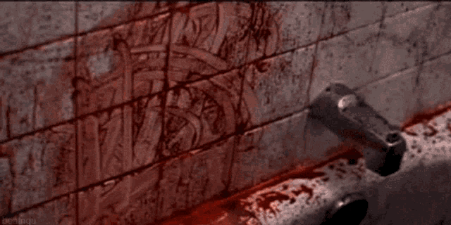 a bathtub is filled with blood and a faucet is visible