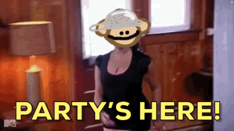 a woman with a monkey on her head says party 's here !