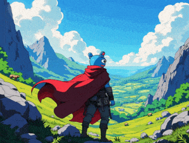 a blue teddy bear with a red cape is standing in a field