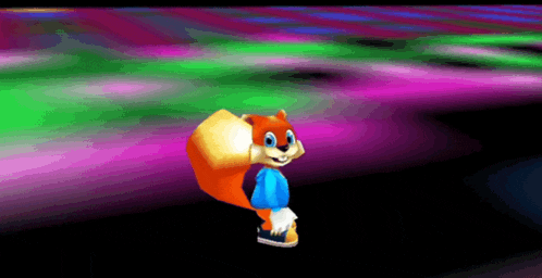 a cartoon squirrel in a blue shirt is standing on a colorful background