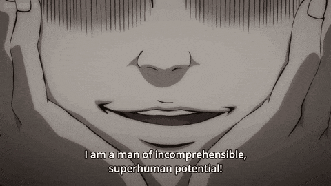 a black and white drawing of a man with the words " i am a man of incomprehensible superhuman potential "