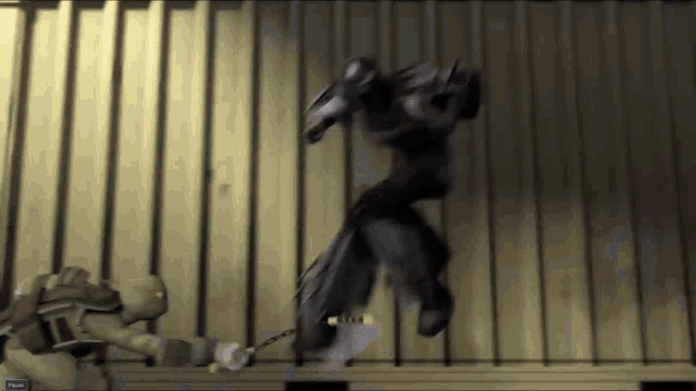 a video game character is jumping in the air while another character is standing next to him .