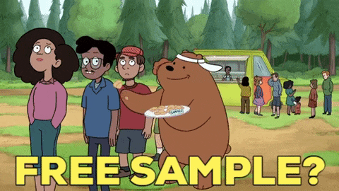 a cartoon of a bear holding a plate of food and the words free sample
