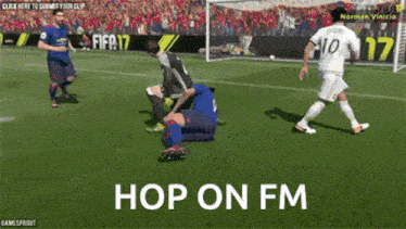 soccer players on a field with the words hop on fm