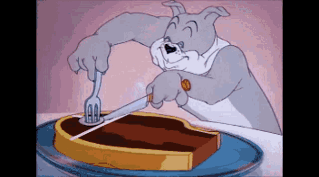 a cartoon dog is cutting a piece of bread with a fork and knife