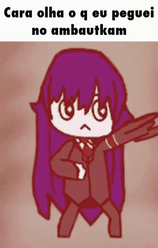 a cartoon drawing of a girl with purple hair and the words cara olha o q eu peguei no ambautkam