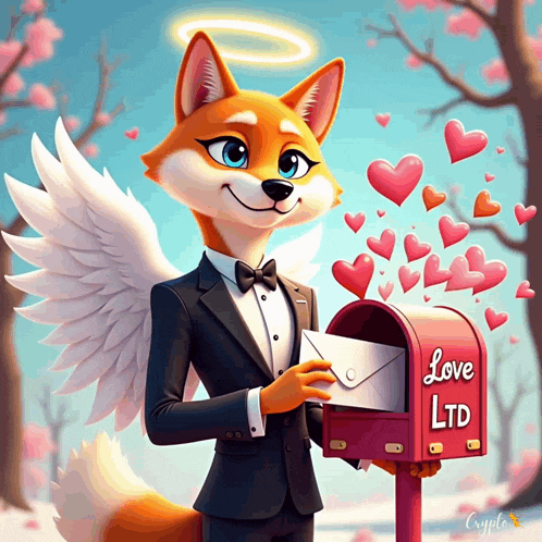 a fox in a tuxedo is holding an envelope in front of a mailbox that says love ltd