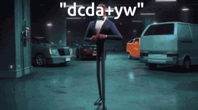 a man in a tuxedo is standing in a parking garage with cars and the words " dcda + yw " written above him