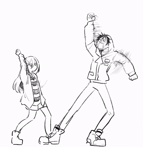 a black and white drawing of a boy and a girl dancing together