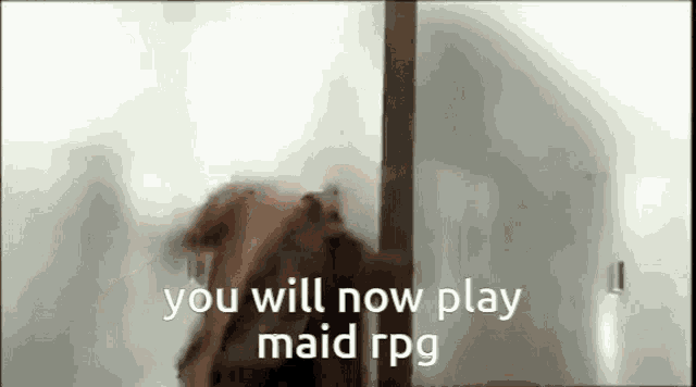 a blurred image of a person standing next to a window with the words `` you will now play maid rpg '' .