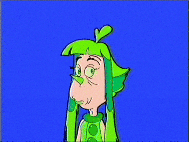 a cartoon character with green hair making a face