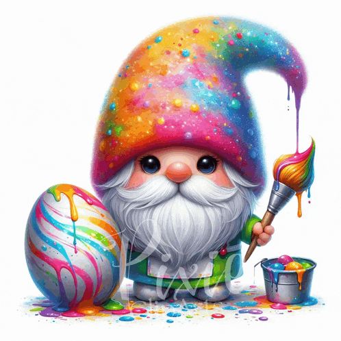 an illustration of a gnome holding a brush next to a colorful egg