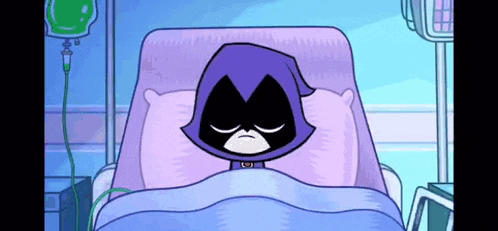 a cartoon character is laying in a hospital bed with a purple blanket .