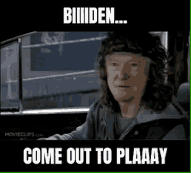 a man with long hair is sitting in a car with the words come out to plaaay on the bottom