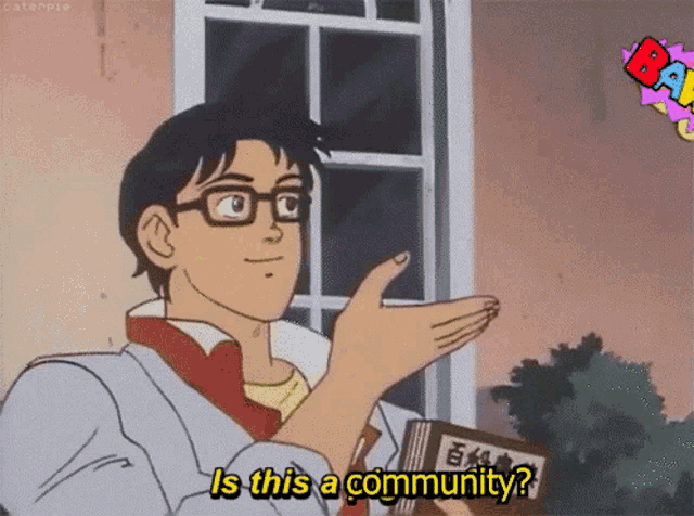 a cartoon of a man holding a book and asking is this a community