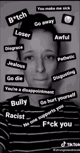 a black and white photo of a woman surrounded by words such as bitch loser and disgrace