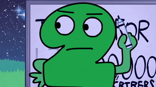 a green cartoon character is holding a marker in front of a white board that says ' dr ' on it