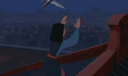 mulan from mulan is holding a sword in her hands while standing on a balcony .